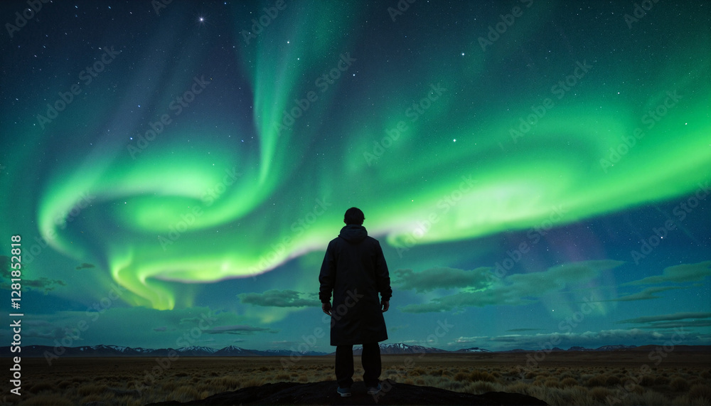 Mystical silhouette enjoying Northern Lights over open tundra, spiritual awe Mystical silhouette enjoying Northern Lights over open tundra, spiritual awe