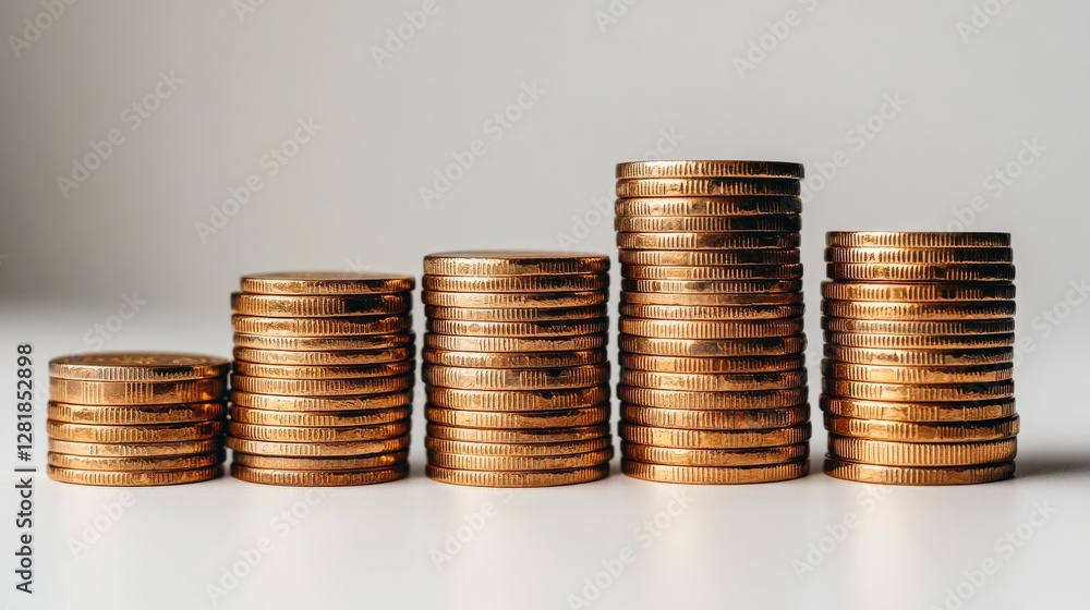 Stacks of shiny coins arranged in ascending order on a neutral background, symbolizing wealth growth Stacks of shiny coins arranged in ascending order on a neutral background, symbolizing wealth growth