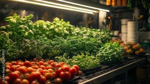 Illuminated Indoor Vertical Farm: Fresh Produce, Basil, Tomatoes, Kale, and Microgreens Growing Under Artificial Lights in a Controlled Environment