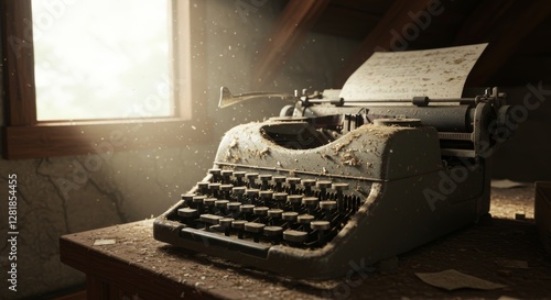 Forgotten tales a dust-laden typewriter in a sunlit attic beckons memories