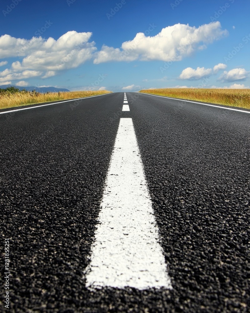 Fototapeta premium Endless Asphalt Road Journey Under a Bright Blue Sky with Fluffy Clouds and Golden Wheat Fields on the Horizon