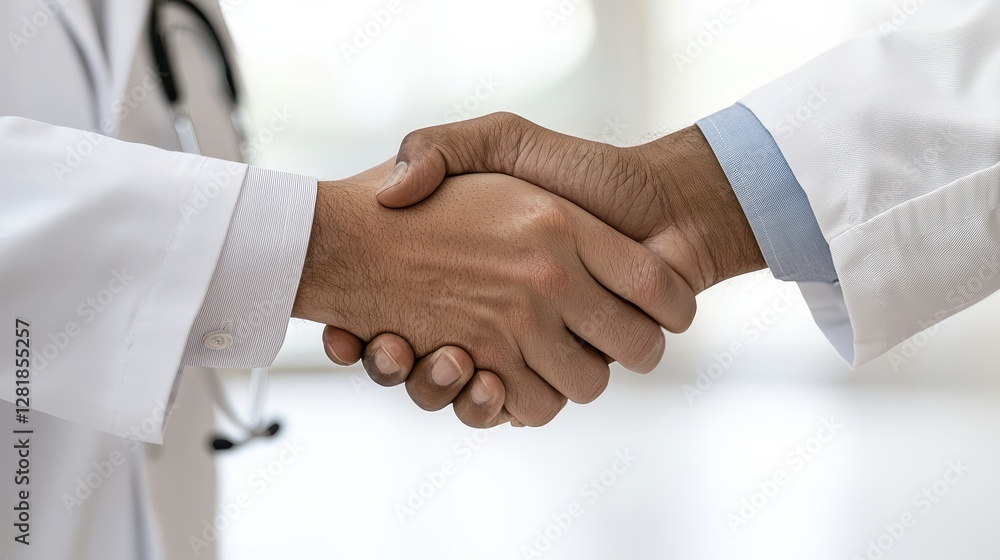 Two healthcare professionals shake hands, symbolizing trust and collaboration in a clinical setting. Two healthcare professionals shake hands, symbolizing trust and collaboration in a clinical setting.