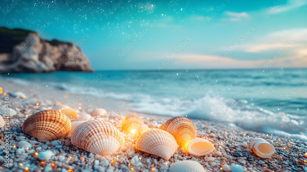 Dreamlike Beach with Glowing Seashells and Calm Turquoise Ocean - Generative AI. Dreamlike Beach with Glowing Seashells and Calm Turquoise Ocean - Generative AI.