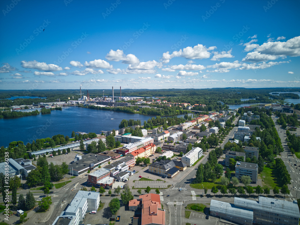 Fototapeta premium Varkaus city in Pohjois-Savo region in eastern Finland. Aerial views from city centre 2024