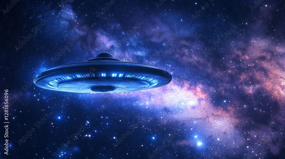 Naklejka premium A futuristic sci-fi spaceship hovers in deep space, surrounded by a vibrant star-filled galaxy