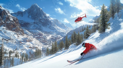 A professional heli-skiing shot of a skier in a red outfit carving through deep powder snow. 