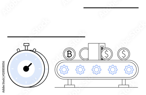 Stopwatch beside a gear-driven conveyor moving currency coins thumbs up Bitcoin and Dollar, symbolizing time, money, automation, and productivity. Ideal for saving, efficiency, fintech, blockchain