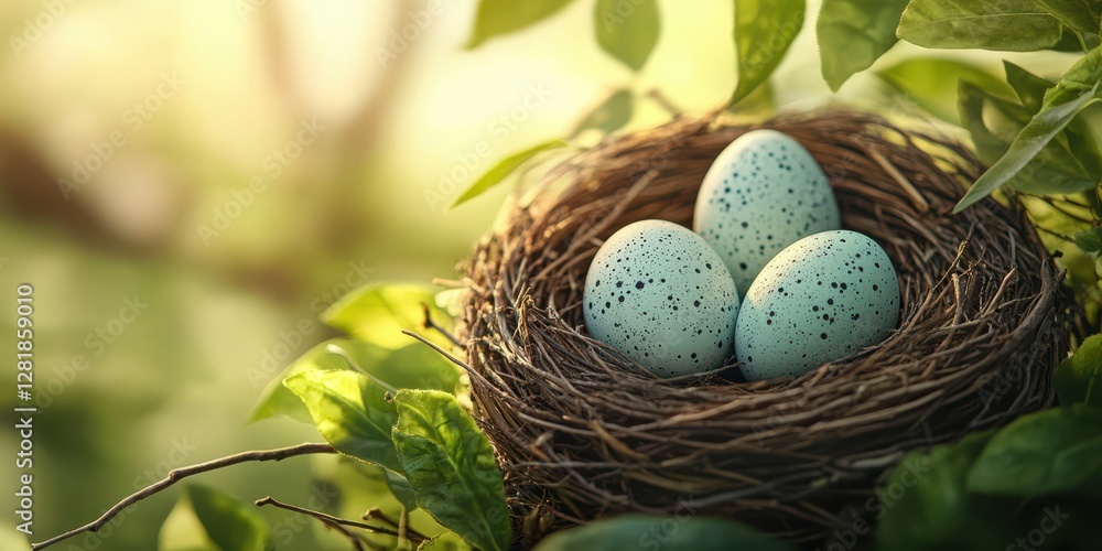 Nest with three speckled blue eggs surrounded by lush green leaves in soft morning light Nest with three speckled blue eggs surrounded by lush green leaves in soft morning light