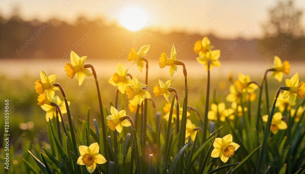 Fototapeta premium Golden daffodils blooming in countryside meadow at dusk, seasonal renewal