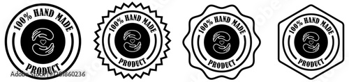 100% handmade product insignia set on white background. Round handmade product stamp. Handmade seal for packaging. Label icon for handcrafted item. Simple handmade logo badge. Vector illustration