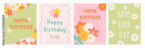 Hand drawn set of cutest cards or posters for Birthday with Flowers, bouquet and Texture. Handwritten Vector Floral vertical templates for birthday