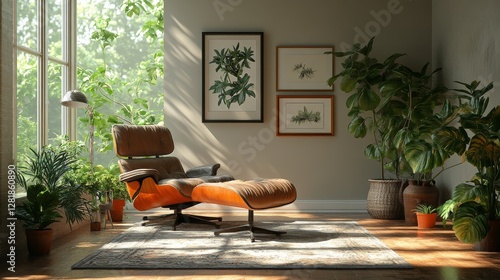 Serene Interior: Mid-Century Modern Lounge Chair Amidst Lush Green Plants, Botanical Art, and Soft Natural Light Streaming Through a Large Window, Creating a Calm Oasis.