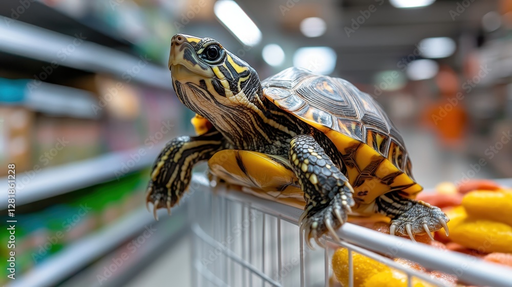 Obraz premium A friendly turtle rests in a shopping cart filled with colorful treats, capturing the playful essence of pets and their relationship with human activities.