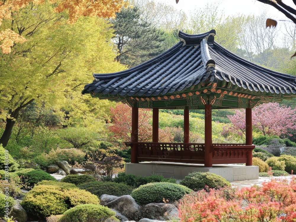 A Beautiful Pagoda in a Colorful Springtime Garden A Beautiful Pagoda in a Colorful Springtime Garden