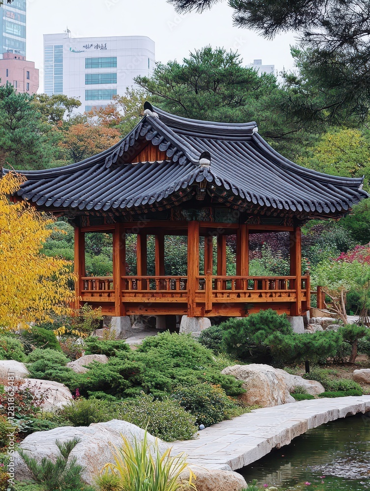 Traditional Korean Style Wooden Pavilion in a Garden Traditional Korean Style Wooden Pavilion in a Garden
