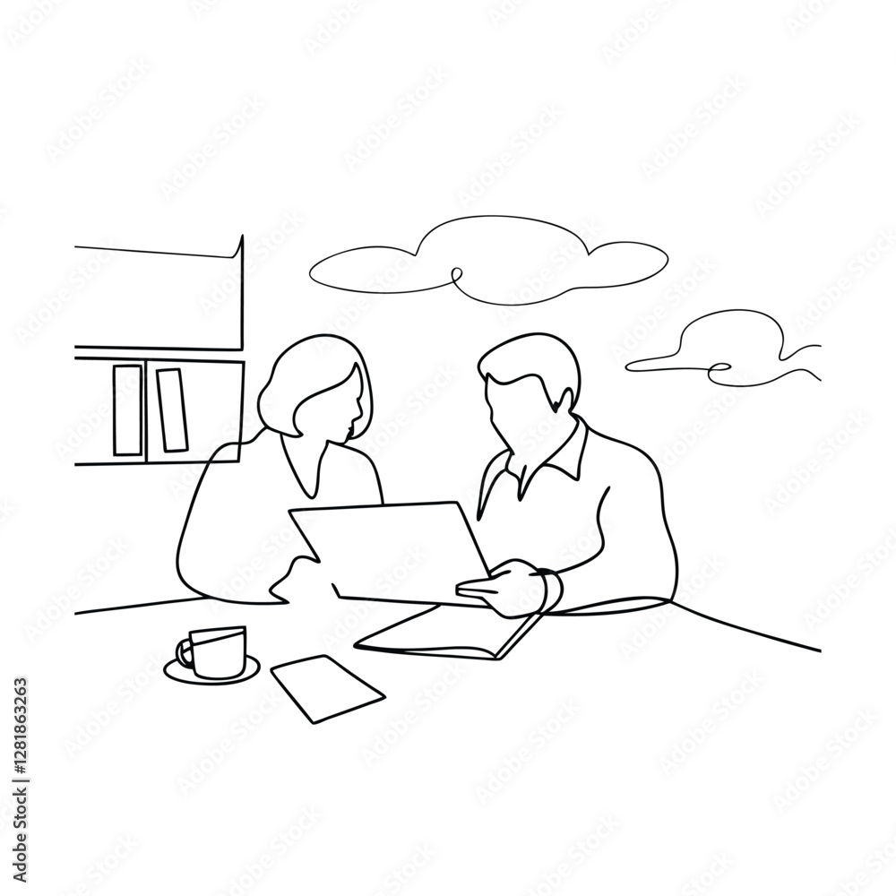 Business Colleagues Review Documents in OneLine Drawing Style Business Colleagues Review Documents in OneLine Drawing Style