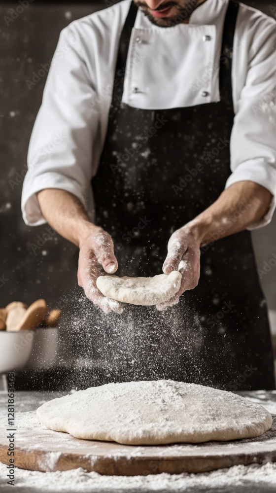 Professional baker wearing a white apron, preparing dough while clapping hands covered in flour, surrounded by a large dough base on a wooden board in a warm kitchen Professional baker wearing a white apron, preparing dough while clapping hands covered in flour, surrounded by a large dough base on a wooden board in a warm kitchen
