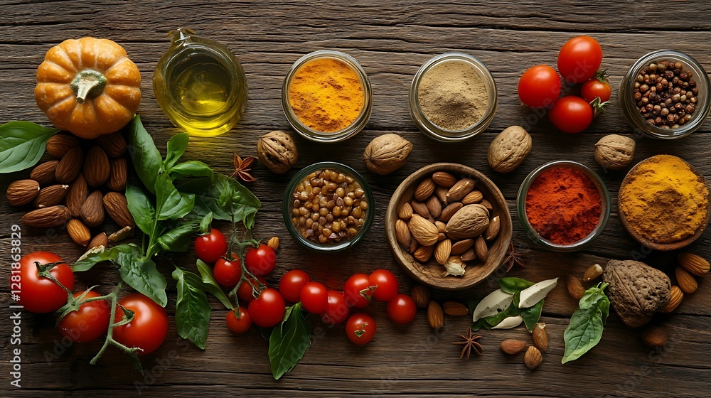 Aromatic Spices, Fresh Herbs, and Healthy Nuts on Rustic Wooden Background Aromatic Spices, Fresh Herbs, and Healthy Nuts on Rustic Wooden Background