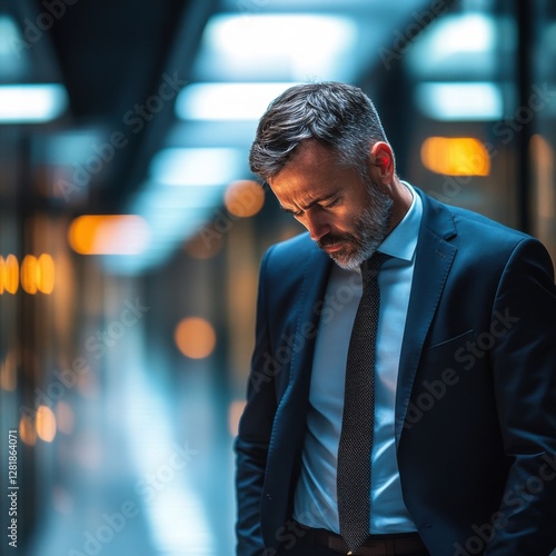 Visualize the pressure Corporate executive pacing in a modern office Deep in thought, and visibly frustrated by the immense weight of high-stakes decision pressure The image captures the intensity of