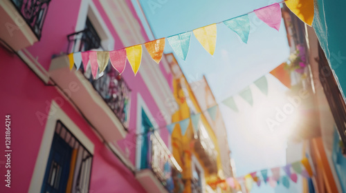 Brightly colored bunting strung across a narrow street adds a festive touch to the colorful buildings, creating a cheerful and vibrant atmosphere in a traditional spanish town