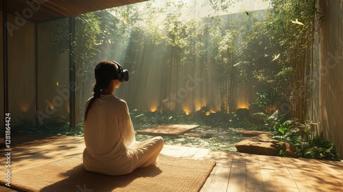 Meditative VR Immersion: A Woman in Serene Meditation, Transcending Reality with Virtual Reality Headset amidst a Lush Indoor Forest Garden Oasis