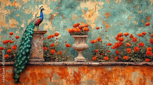 Elegant peacock rests beside vibrant roses in a garden