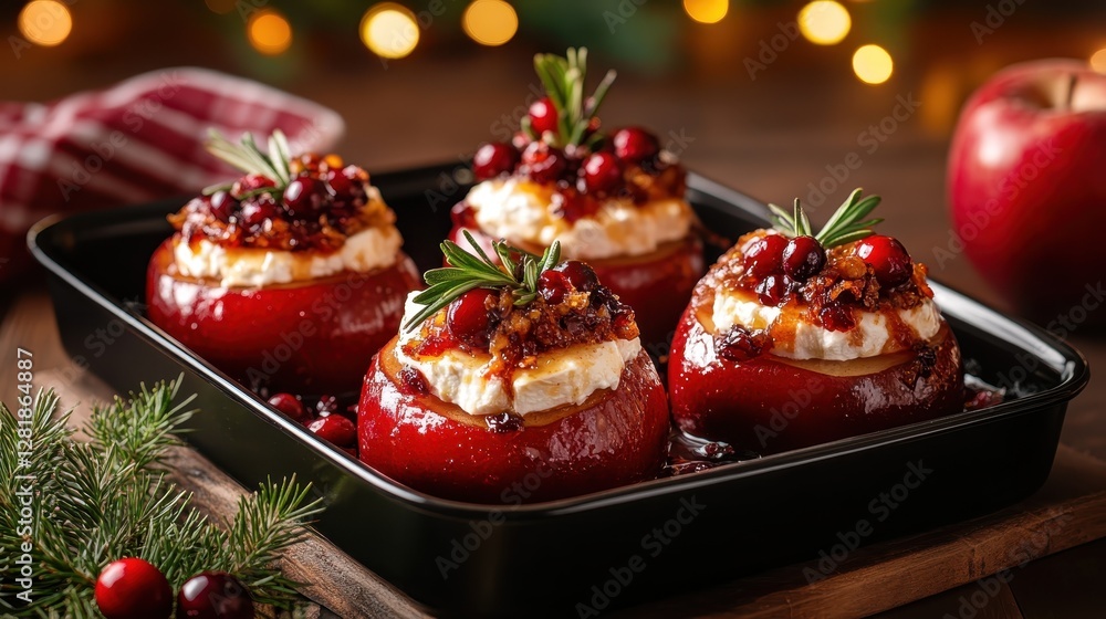 A stunning arrangement of baked apples topped with creamy stuffing, seasonal cranberries, and garnished with greenery, exuding charm and festive spirit for celebrations. A stunning arrangement of baked apples topped with creamy stuffing, seasonal cranberries, and garnished with greenery, exuding charm and festive spirit for celebrations.