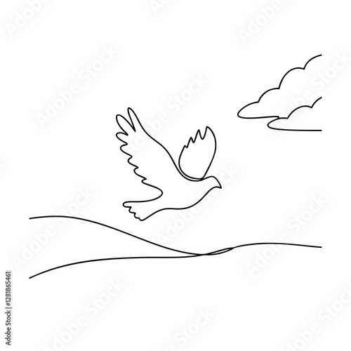 SingleLine Dove Soaring Above Rolling Hills and Clouds