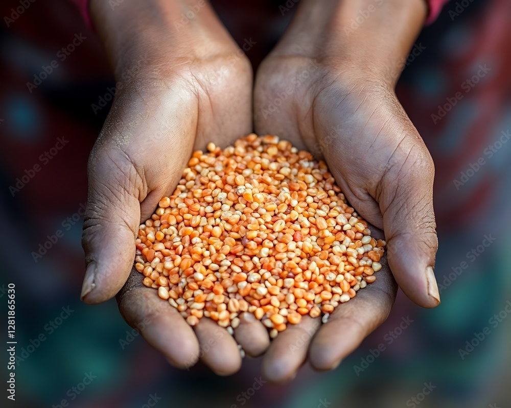 Hands holding corn seeds, rural field Hands holding corn seeds, rural field