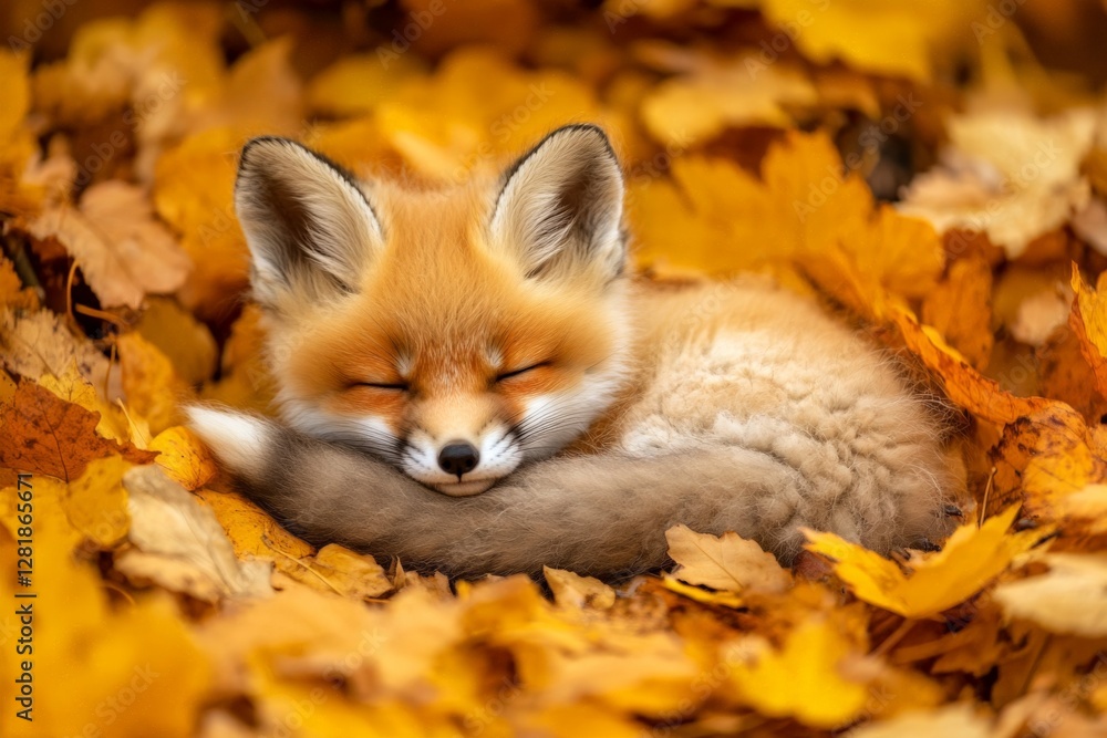 Naklejka premium Cute red fox cub sleeping peacefully among vibrant autumn leaves in a serene forest setting