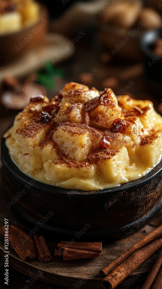 Delicious creamy dessert with cinnamon topping served in rustic dish at cozy setting Delicious creamy dessert with cinnamon topping served in rustic dish at cozy setting