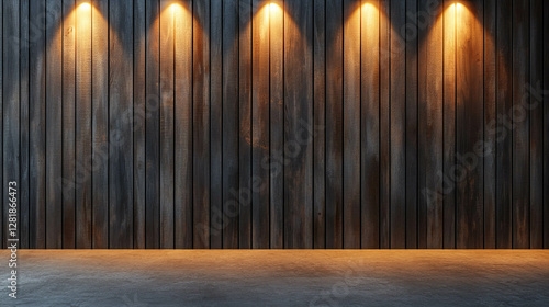 Illuminated wooden panel wall with warm lighting for interior design and architecture