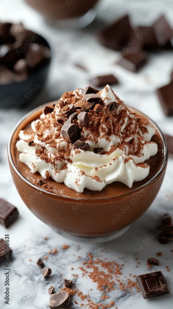 Decadent chocolate mousse topped with whipped cream and chocolate shavings at a cozy dessert setting Decadent chocolate mousse topped with whipped cream and chocolate shavings at a cozy dessert setting