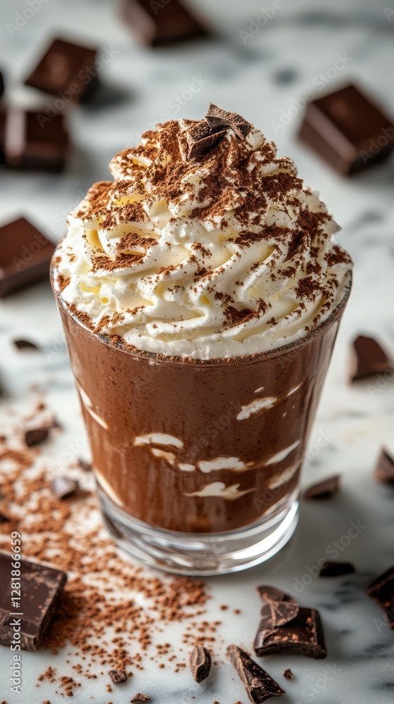 Indulgent chocolate dessert topped with whipped cream and chocolate shavings on a marble table Indulgent chocolate dessert topped with whipped cream and chocolate shavings on a marble table