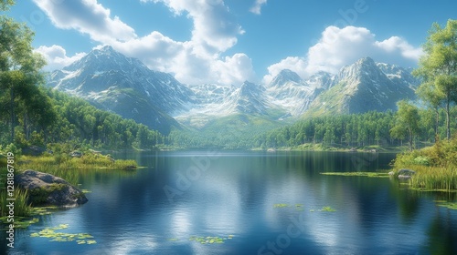 Majestic Mountain Lake Serenity: A Breathtaking Vista of Tranquil Waters Reflecting Snow-Capped Peaks, Lush Green Forests, and a Clear Blue Sky with Fluffy Clouds