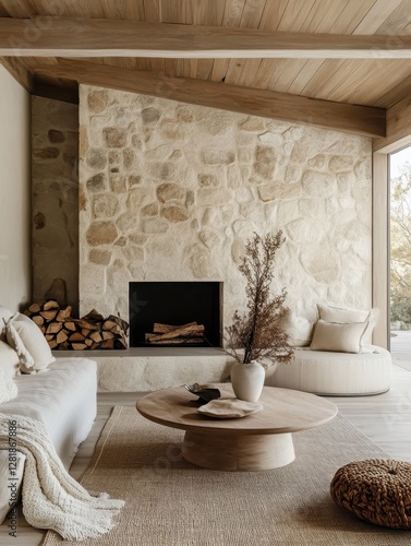 A cozy living room with stone fireplace and wooden details