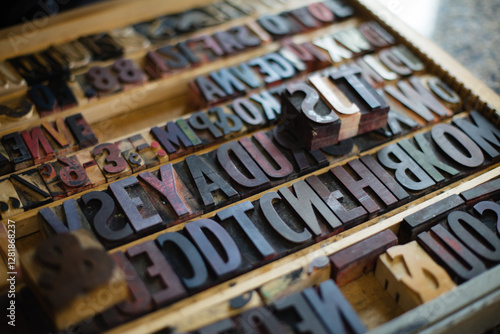 Vintage wooden letterpress type blocks arranged in a tray