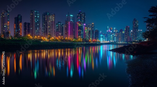Wallpaper Mural A night view of a city skyline with skyscrapers lit up in vibrant colors, reflections shimmering on a nearby river under a clear sky, photographed in Hong Kong Torontodigital.ca