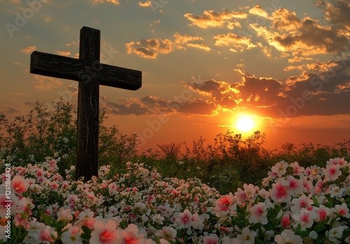 A cross surrounded by blooming flowers, with the setting sun in the background, symbolizing hope and growth during Easter.  photo