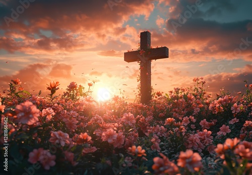 A cross surrounded by blooming flowers, with the setting sun in the background, symbolizing hope and growth during Easter.  photo