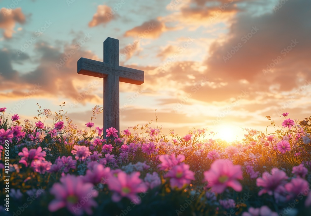 A cross surrounded by blooming flowers, with the setting sun in the background, symbolizing hope and growth during Easter. A cross surrounded by blooming flowers, with the setting sun in the background, symbolizing hope and growth during Easter.