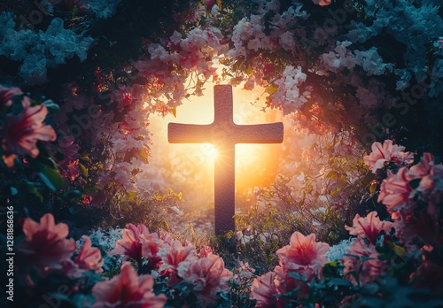 A cross surrounded by blooming flowers, with the setting sun in the background, symbolizing hope and growth during Easter.  photo