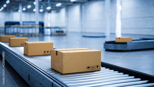 Wallpaper Mural Cardboard boxes on automated conveyor belt in warehouse setting Torontodigital.ca