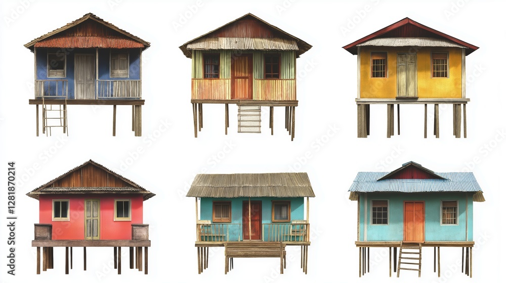 Obraz premium Colorful wooden houses on stilts showcasing unique architectural styles of coastal village