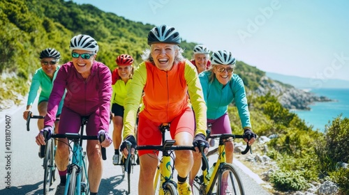 Cycling group of active seniors enjoying a sunny day on a scenic coastal road, promoting fitness and camaraderie in a vibrant outdoor setting, healthy lifestyle concept