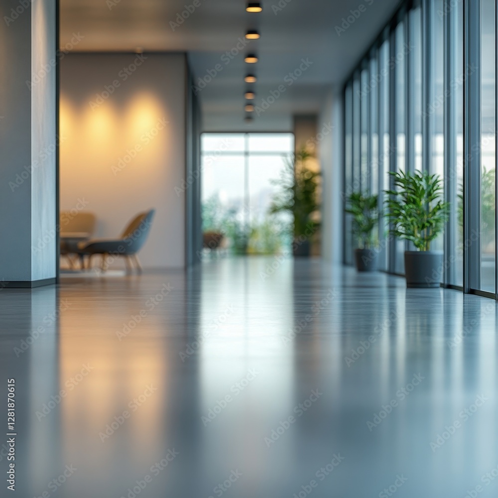 Obraz premium Serene office corridor with natural light and potted plants creating a calming and productive workspace atmosphere modern design