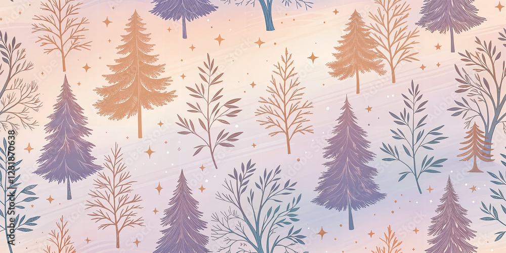 Fototapeta premium Seamless Forest Pattern with Elegant Trees and Stars