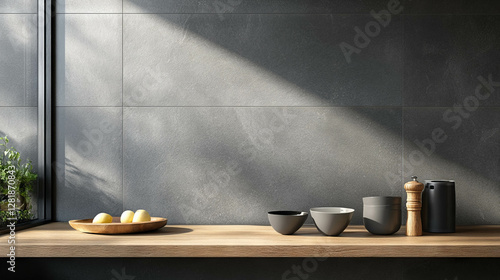 Modern kitchen decor with grey tiles and wooden shelf