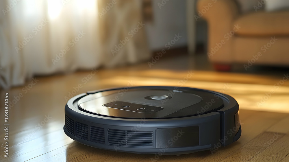 Robotic vacuum cleaning hardwood floor in living room. Home cleaning automation Robotic vacuum cleaning hardwood floor in living room. Home cleaning automation