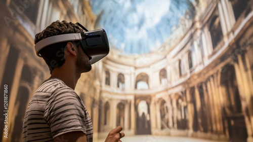 Man experiencing virtual reality, exploring ancient architecture.